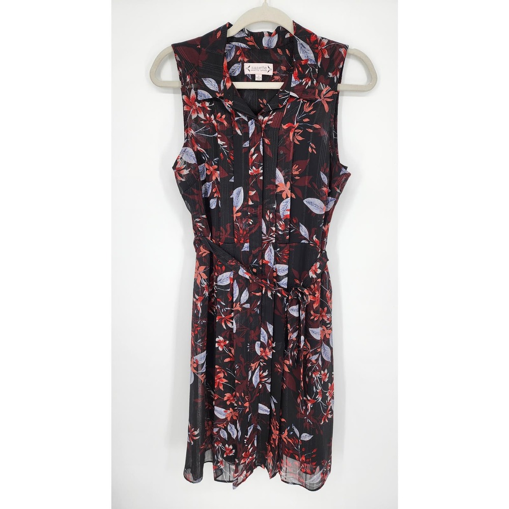 Nanette Lepore Floral Shirt Dress 8 Belted Pleated Sleeveless Button Down Black